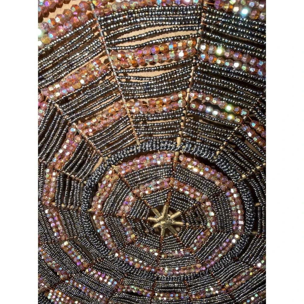 Set Hand Beaded Round Placemat Metallic Glass Seed Bead Spiderweb Starburst‎ Mat